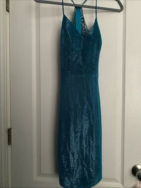 B Darlin Teal Shimmer Slip Midi Dress with Lace Back